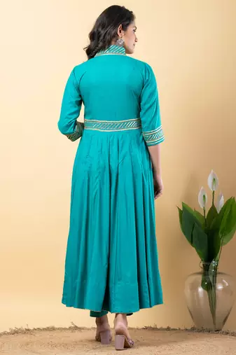 Rama green bijiya work rayon anarkali with bottom & dupatta set