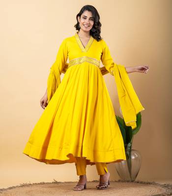 Yellow bijiya work rayon anarkali with bottom & dupatta set 1