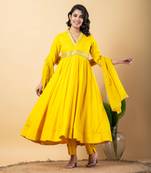 Yellow bijiya work rayon anarkali with bottom & dupatta set
