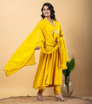Yellow bijiya work rayon anarkali with bottom & dupatta set 2