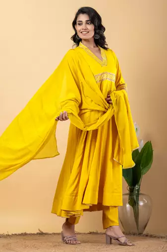 Yellow bijiya work rayon anarkali with bottom & dupatta set