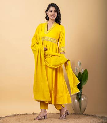 Yellow bijiya work rayon anarkali with bottom & dupatta set 3