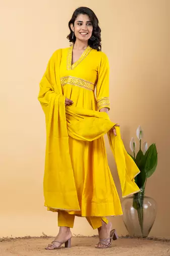 Yellow bijiya work rayon anarkali with bottom & dupatta set