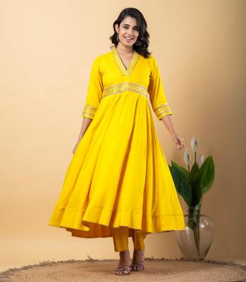 Yellow bijiya work rayon anarkali with bottom & dupatta set 4
