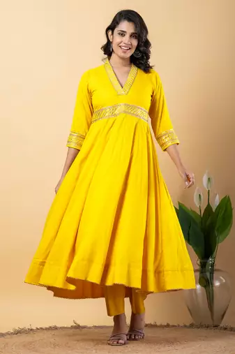 Yellow bijiya work rayon anarkali with bottom & dupatta set