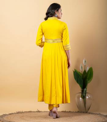 Yellow bijiya work rayon anarkali with bottom & dupatta set 5