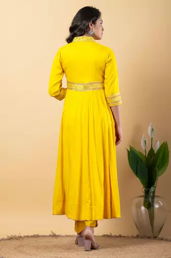 Yellow bijiya work rayon anarkali with bottom & dupatta set