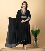 Black bijiya work rayon anarkali with bottom & dupatta set