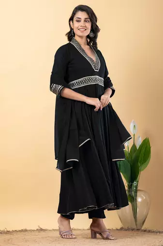 Black bijiya work rayon anarkali with bottom & dupatta set