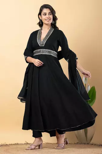 Black bijiya work rayon anarkali with bottom & dupatta set