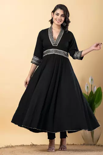 Black bijiya work rayon anarkali with bottom & dupatta set