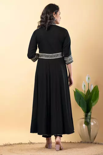 Black bijiya work rayon anarkali with bottom & dupatta set