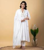White bijiya work rayon anarkali with bottom & dupatta set