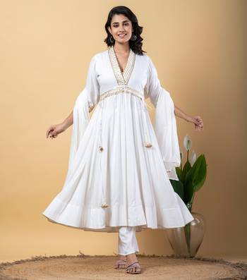 White bijiya work rayon anarkali with bottom & dupatta set 3