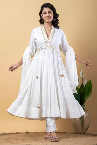 White bijiya work rayon anarkali with bottom & dupatta set
