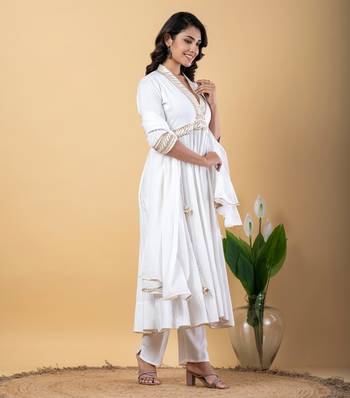 White bijiya work rayon anarkali with bottom & dupatta set 4