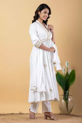 White bijiya work rayon anarkali with bottom & dupatta set