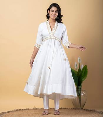 White bijiya work rayon anarkali with bottom & dupatta set 5