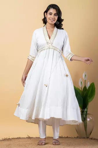 White bijiya work rayon anarkali with bottom & dupatta set