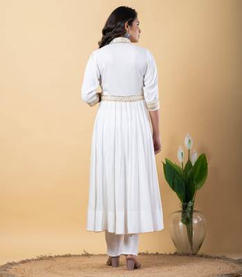 White bijiya work rayon anarkali with bottom & dupatta set 6