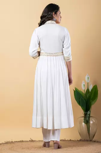 White bijiya work rayon anarkali with bottom & dupatta set