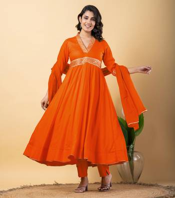 Orange bijiya work rayon anarkali with bottom & dupatta set 1