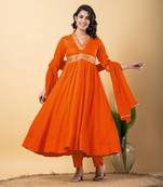 Orange bijiya work rayon anarkali with bottom & dupatta set