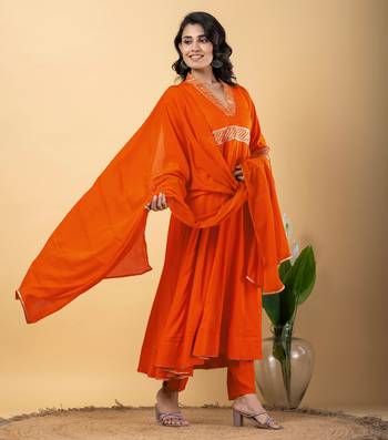 Orange bijiya work rayon anarkali with bottom & dupatta set 2