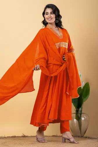 Orange bijiya work rayon anarkali with bottom & dupatta set