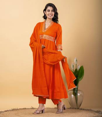 Orange bijiya work rayon anarkali with bottom & dupatta set 3