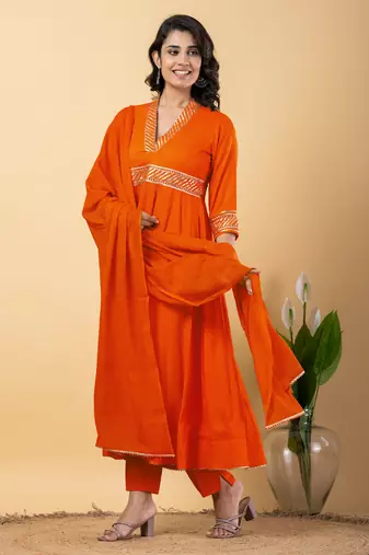 Orange bijiya work rayon anarkali with bottom & dupatta set