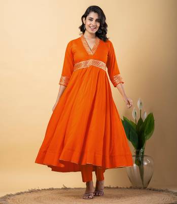 Orange bijiya work rayon anarkali with bottom & dupatta set 4