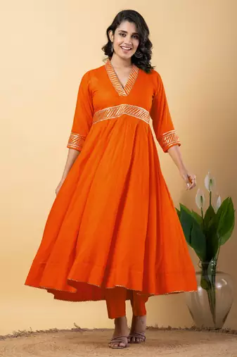 Orange bijiya work rayon anarkali with bottom & dupatta set