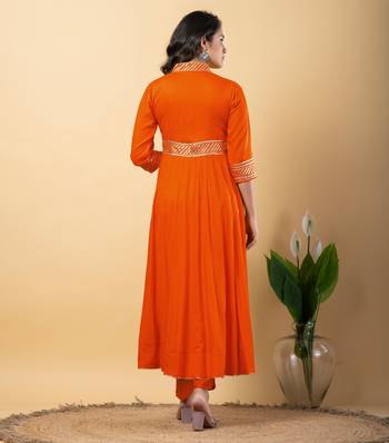 Orange bijiya work rayon anarkali with bottom & dupatta set 5