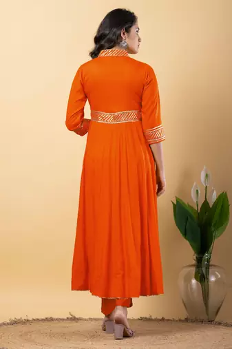 Orange bijiya work rayon anarkali with bottom & dupatta set