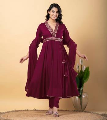 Purple bijiya work rayon anarkali with bottom & dupatta set 1