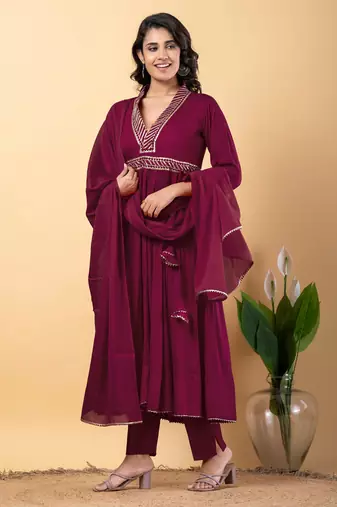 Purple bijiya work rayon anarkali with bottom & dupatta set