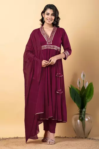 Purple bijiya work rayon anarkali with bottom & dupatta set