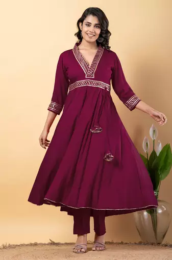 Purple bijiya work rayon anarkali with bottom & dupatta set
