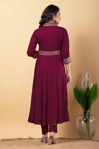 Purple bijiya work rayon anarkali with bottom & dupatta set