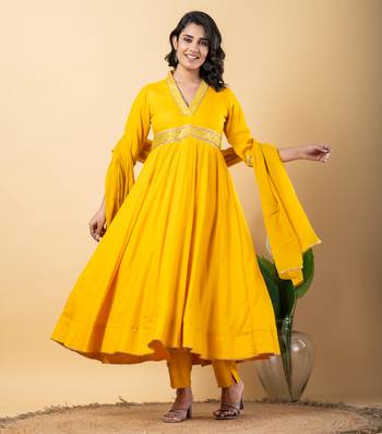 Mustard bijiya work rayon anarkali with bottom & dupatta set 1