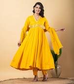 Mustard bijiya work rayon anarkali with bottom & dupatta set