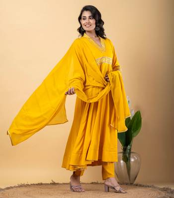 Mustard bijiya work rayon anarkali with bottom & dupatta set 3