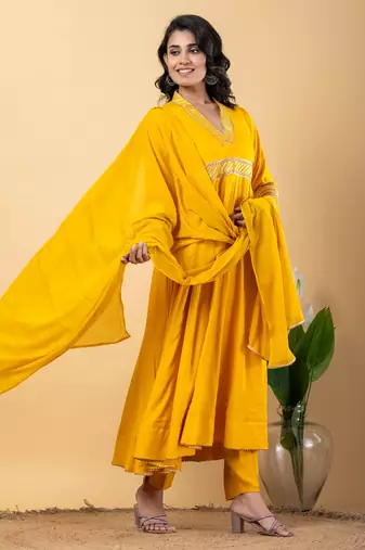 Mustard bijiya work rayon anarkali with bottom & dupatta set