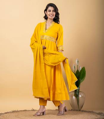 Mustard bijiya work rayon anarkali with bottom & dupatta set 4