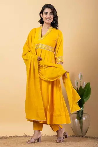 Mustard bijiya work rayon anarkali with bottom & dupatta set