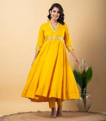 Mustard bijiya work rayon anarkali with bottom & dupatta set 5