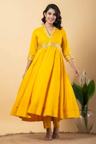 Mustard bijiya work rayon anarkali with bottom & dupatta set