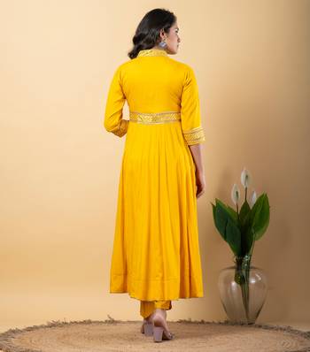 Mustard bijiya work rayon anarkali with bottom & dupatta set 6
