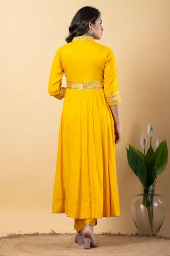 Mustard bijiya work rayon anarkali with bottom & dupatta set